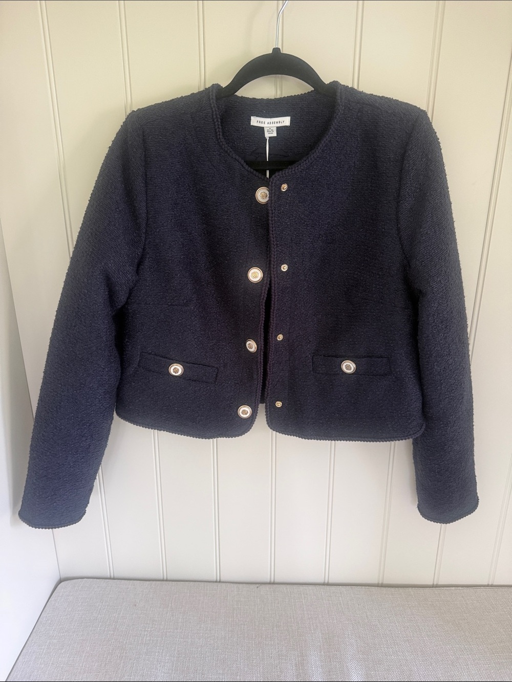 Free Assembly Navy Boucle crop jacket gold buttons small NWT